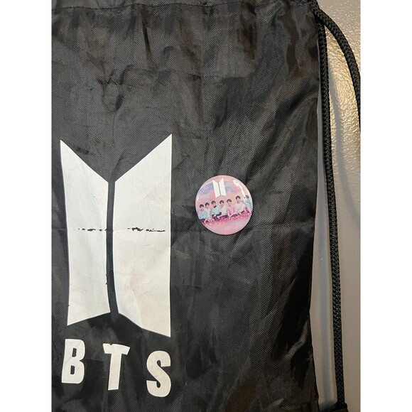 BTS Drawstring Backpack Bag Black K-Pop Logo with Love Yourself Button Pins Set - Picture 2 of 6